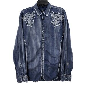 FLAW Roar Clothing Long‎ Sleeve Button Up Shirt XL Blue Embroidered Western Rock